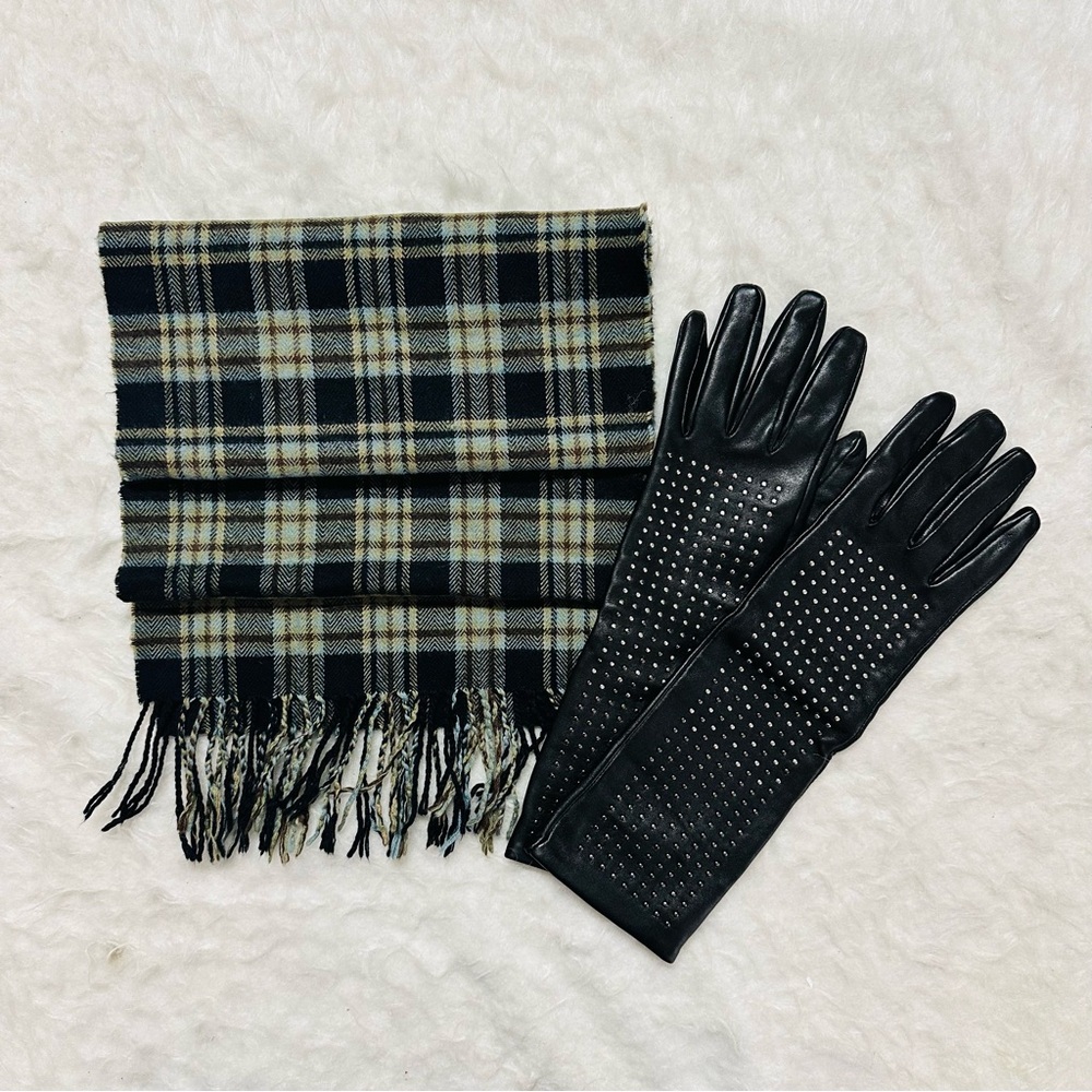 Plaid Scarf and Black Leather Gloves Set